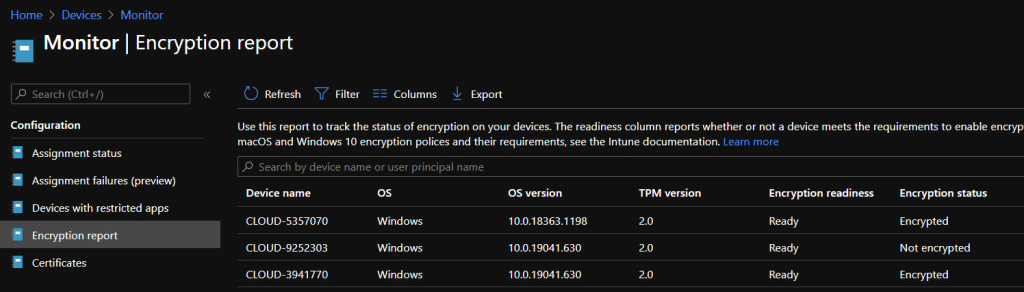 Intune bitlocker report