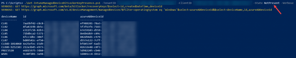 intune bitlocker script output