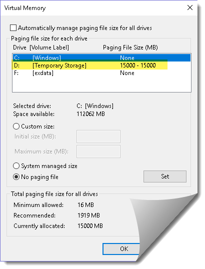 Hybrid Exchange Page File settings