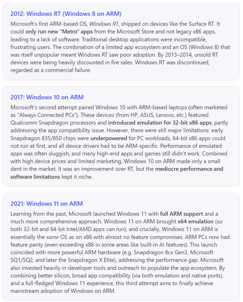 Summary of Windows on ARM attempts