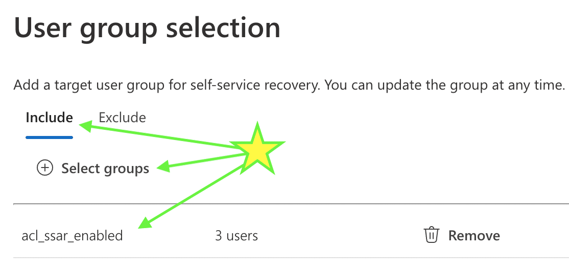 User group selection for SSAR included users scope