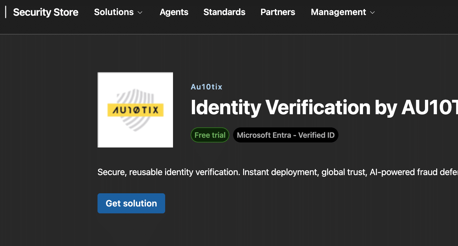 Microsoft Security Store view of the Au10tix IDV solution