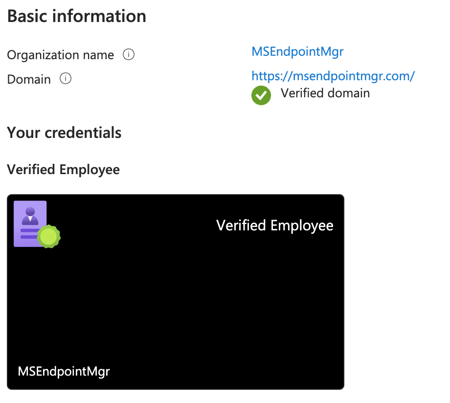 Verified ID showing the default employee credential