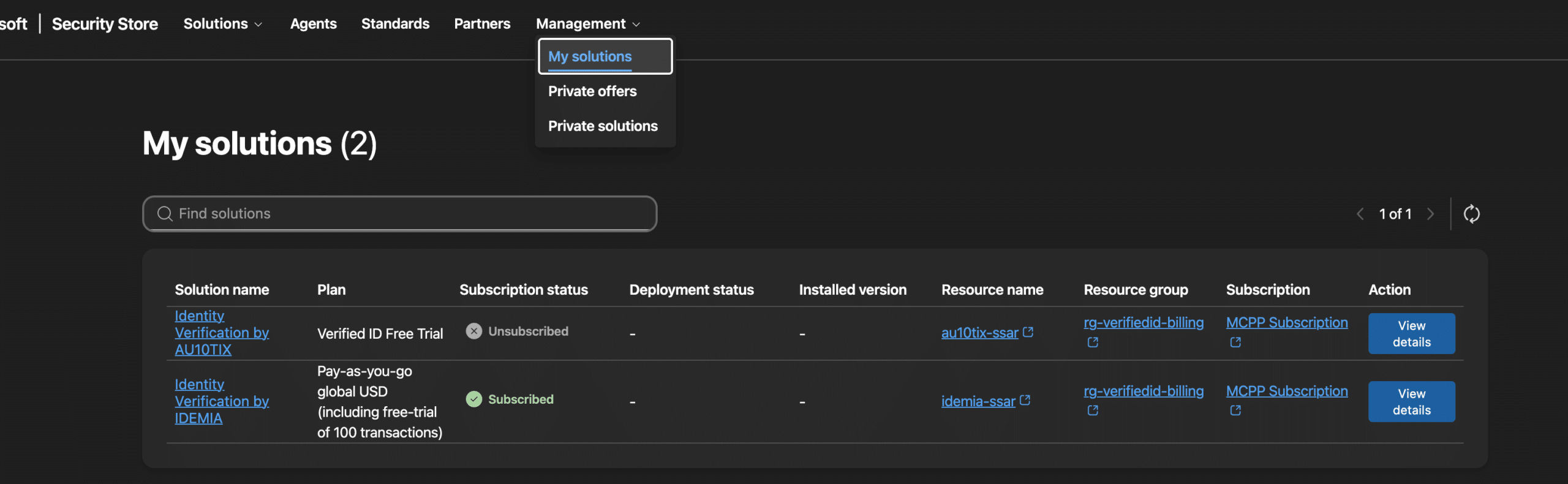 Solutions view in the Microsoft Security Store