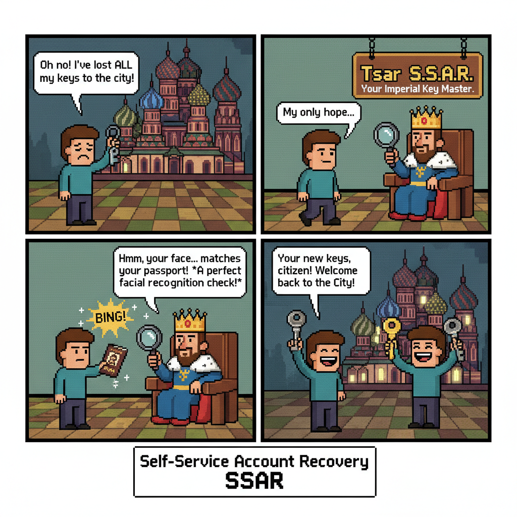 Self-Service Account Recovery (SSAR) explainer cartoon by Michael Mardahl and Nano banana