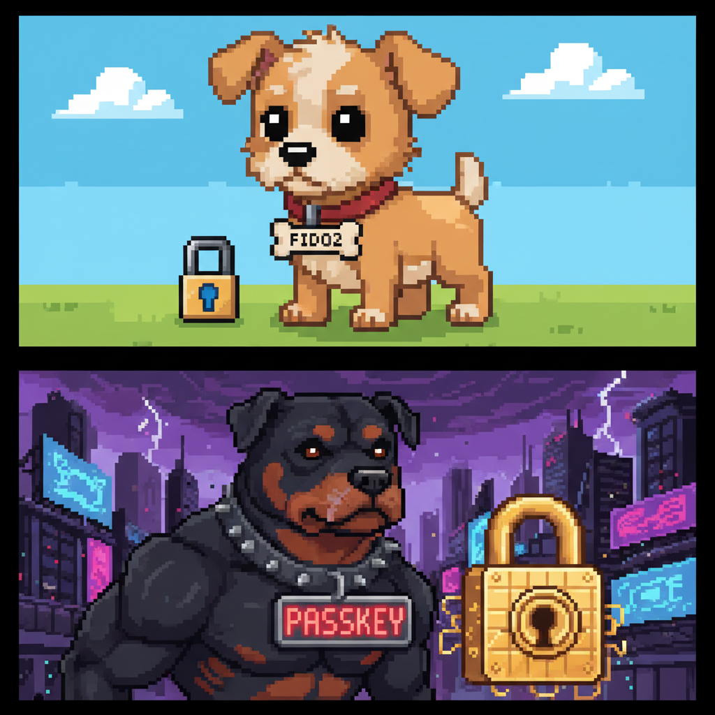 Illustration that Passkeys have grown up by showing a small dog and a big dog