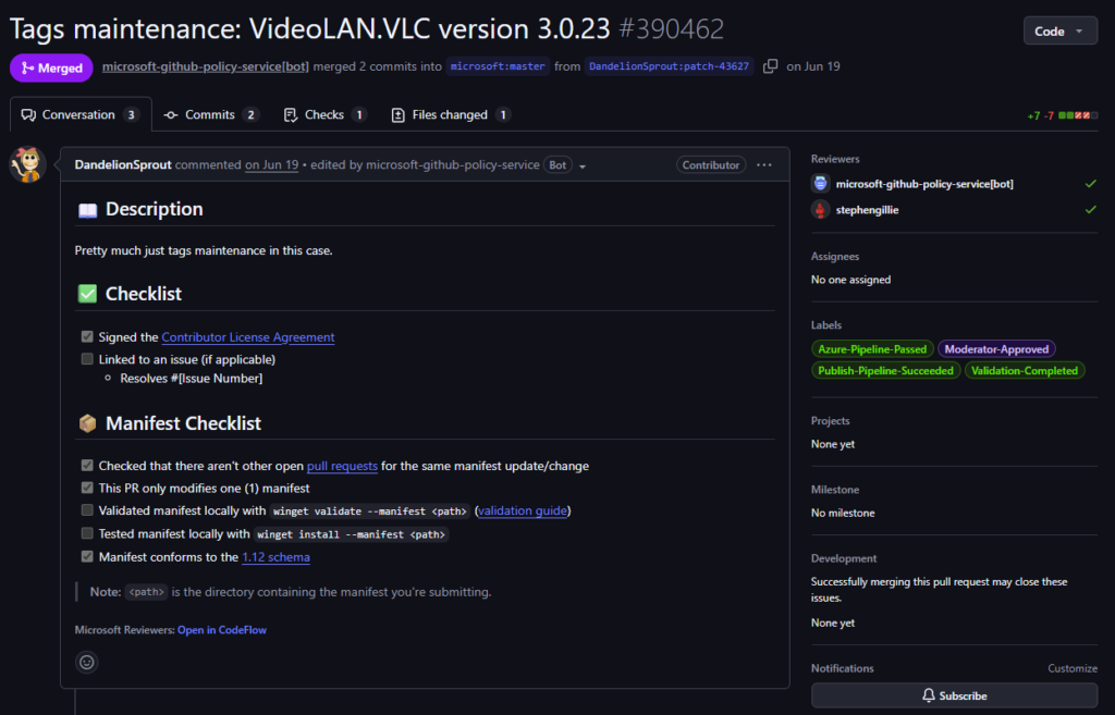 Tags maintenance on the VLC manifest. Both local-testing boxes unticked, merged with all pipeline labels green