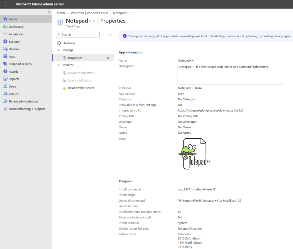 The Win32app can be seen in the Intune admin center